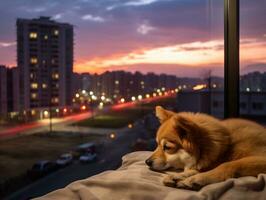 pensativo cachorro em repouso em uma suave sofá com uma Visão do a cidade ai generativo foto