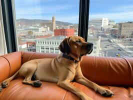 pensativo cachorro em repouso em uma suave sofá com uma Visão do a cidade ai generativo foto