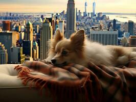pensativo cachorro em repouso em uma suave sofá com uma Visão do a cidade ai generativo foto