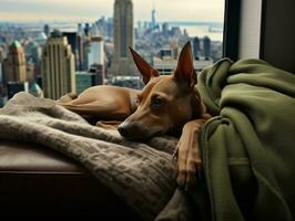 pensativo cachorro em repouso em uma suave sofá com uma Visão do a cidade ai generativo foto