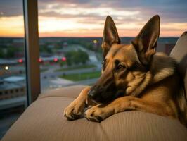 pensativo cachorro em repouso em uma suave sofá com uma Visão do a cidade ai generativo foto