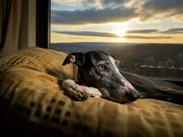 pensativo cachorro em repouso em uma suave sofá com uma Visão do a cidade ai generativo foto