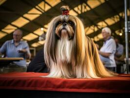 bem-comportado cachorro participando dentro uma mostrar, belas preparado foto