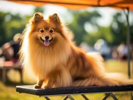 bem-comportado cachorro participando dentro uma mostrar, belas preparado foto