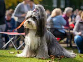 bem-comportado cachorro participando dentro uma mostrar, belas preparado foto