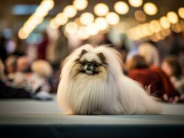 bem-comportado cachorro participando dentro uma mostrar, belas preparado foto