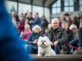 bem-comportado cachorro participando dentro uma mostrar, belas preparado foto