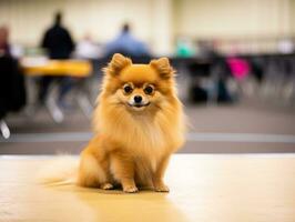 bem-comportado cachorro participando dentro uma mostrar, belas preparado foto