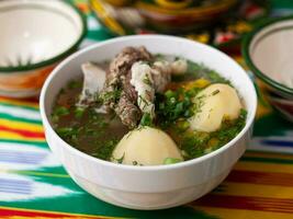 superar sopa a partir de fervido carne bovina, batatas e cebolas de acordo com para a oriental receita. Oriental cozinha, nacional prato foto