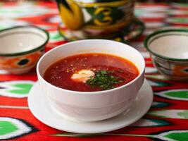 borscht. russo sopa fez a partir de carne, beterraba, batatas e servido com azedo creme. ásia estilo foto