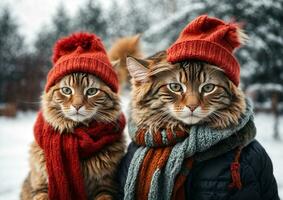 três colori gato dentro uma inverno chapéu e uma cachecol em a inverno fundo. foto