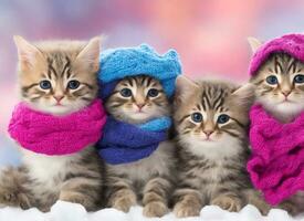 três colori gato dentro uma inverno chapéu e uma cachecol em a inverno fundo. foto