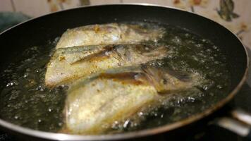 fechar acima do peixe frito em uma fritar panela foto