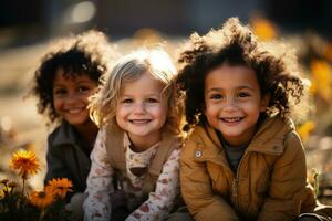 multi étnico crianças jovial ao ar livre hora de brincar capturado dentro vibrante ensolarado matizes foto