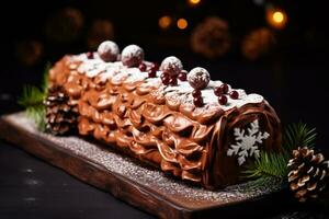 buche de noel enfeitado com magnífico chocolate pinhas isolado em uma gradiente fundo foto