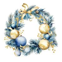 azul Natal guirlanda do azul e ouro bolas e abeto galhos. aguarela ilustração foto