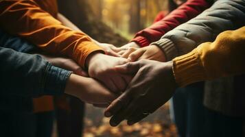 grupo do amigos segurando mãos juntos dentro floresta, fechar-se. unidade conceito. foto