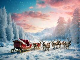 uma inverno país das maravilhas com uma Nevado Natal panorama apresentando papai noel trenó e rena foto