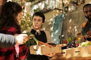 jovem mulher pequeno o negócio proprietário segurando cartão caixa cheio do fresco orgânico localmente crescido frutas e vegetais, fêmea fornecedor dentro avental vendendo saudável pesticida livre legumes às agricultores mercado foto