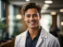 retrato do uma feliz masculino médico com hospital fundo, inteligente e apreciar doutor, saúde Cuidado conceito, ai generativo foto