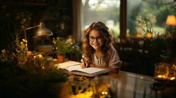 retrato do uma jovem menina com encaracolado cabelo e Óculos sentado às uma mesa e lendo uma livro. foto