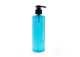 Frasco de gel desinfetante com álcool azul com bomba para lavar as mãos foto