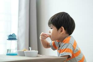 ásia Garoto comendo Macarrão em a mesa. foto