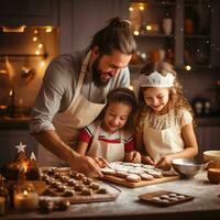 feliz engraçado família Papai e crianças assar Natal biscoitos em acolhedor cozinha às lar. ai generativo foto
