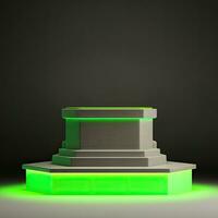 volta cinzento plástico pódio com verde néon luz para produtos apresentação. em uma Sombrio minimalista fundo foto