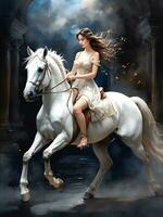 pintura representando uma jovem mulher equitação uma branco cavalo, ai gerado. foto