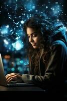 cintilante constelação envelopando mulher às computador portátil fundo com esvaziar espaço para texto foto