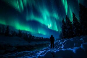 solitário observador cativado de místico aurora boreal dentro Nevado região selvagem solidão foto