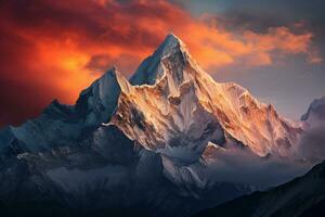 pôr do sol tintas vibrante matizes em uma geada limitado montanha debaixo uma alpinistas Veja foto