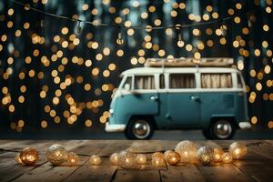 luzes de fadas cintilante em vans Natal árvore fundo com esvaziar espaço para texto foto