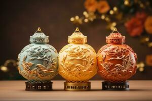 colorida Dragão em forma lanternas a comemorar lunar Novo ano isolado em uma ouro gradiente fundo foto