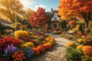 uma lindo jardim com colorida flores e árvores ai generativo foto