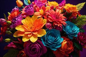 uma vaso cheio do colorida flores em uma Sombrio fundo ai generativo foto