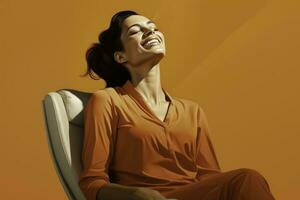 uma mulher alegremente rindo durante terapia isolado em a laranja gradiente fundo foto