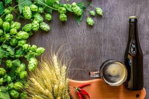 garrafa e vidro Cerveja com fermentação ingredientes. pulo flor com trigo. topo visualizar. foto