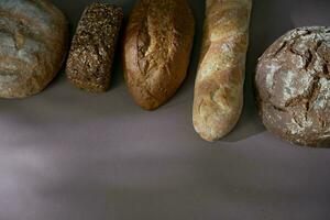 diferente tipos do pão em uma cinzento fundo. fechar-se. foto