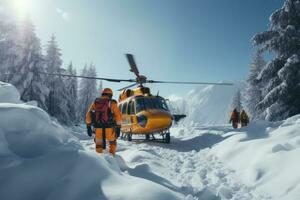 simulação resgate Treinamento dentro Nevado alpino terreno fundo com esvaziar espaço para texto foto