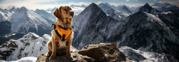 procurar e resgate cachorro diligentemente rastreamento perdido caminhante dentro Nevado Alpes foto