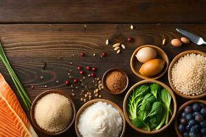 vários tipos do Comida Incluindo arroz, salmão, e legumes. gerado por IA foto