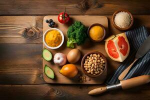 vários alimentos Incluindo frutas, vegetais, nozes e sementes. gerado por IA foto