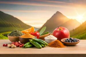 alimentos e especiarias em uma mesa com montanhas dentro a fundo. gerado por IA foto