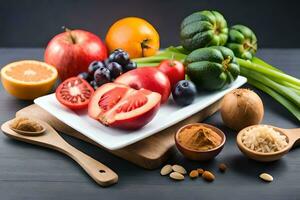 vários frutas e legumes em uma mesa. gerado por IA foto