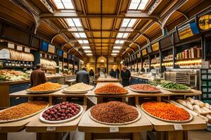 uma ampla mercado com grande quantidade do Comida em mostrar. gerado por IA foto