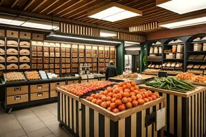 uma mercearia loja com uma variedade do produzir e pão. gerado por IA foto