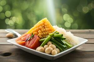 uma tigela do Comida com vegetais, arroz e Macarrão. gerado por IA foto