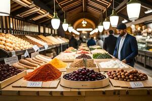uma homem é em pé dentro frente do uma mercado com grande quantidade do Comida. gerado por IA foto